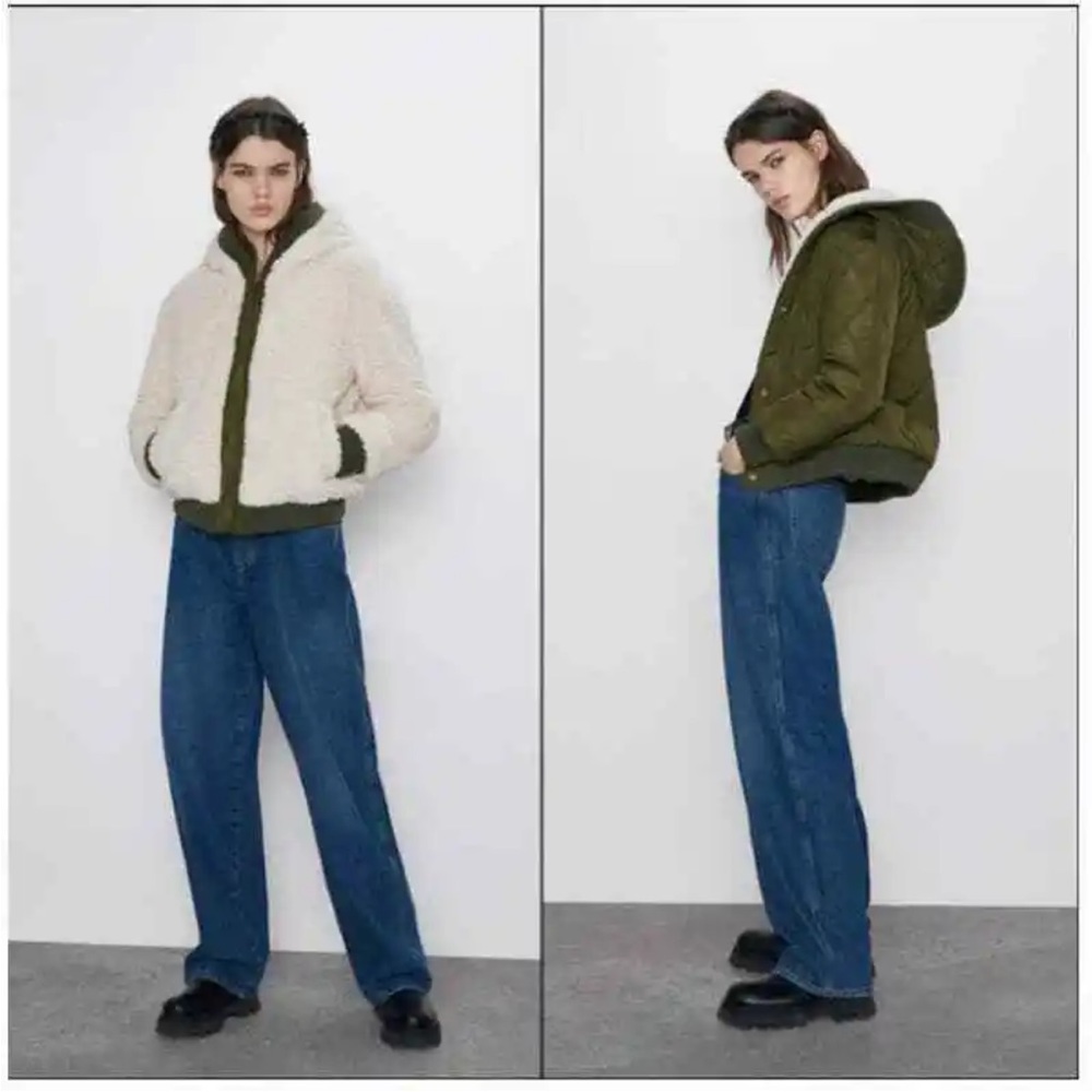 New Zara Reversible Faux Shearling Green Quilted Jacket Small